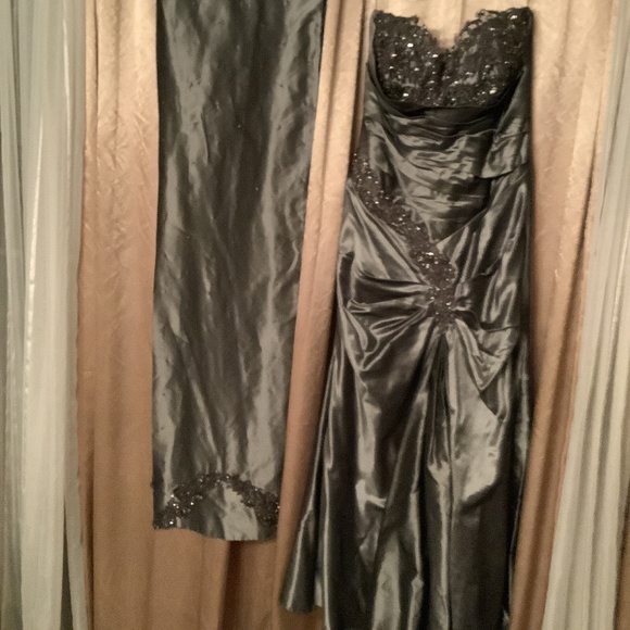 Stunning pewter silk evening gown w/ shawl